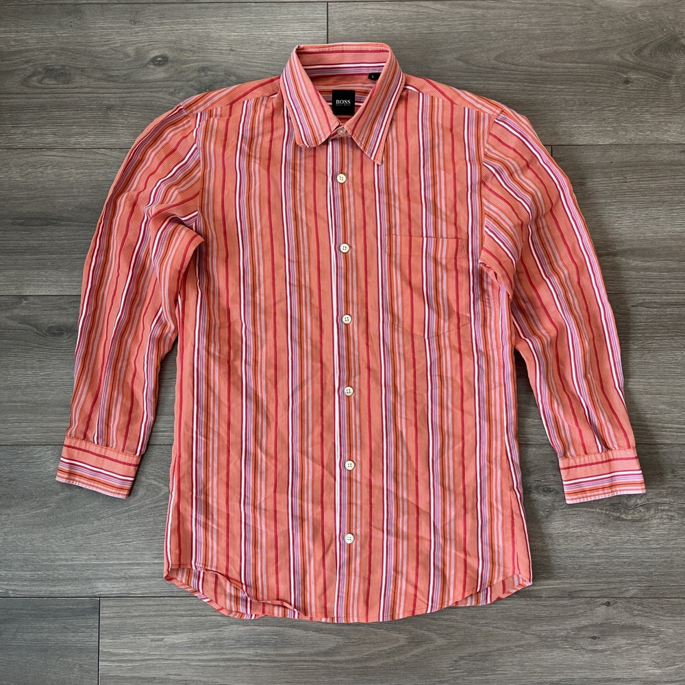 BOSS HUGO BOSS Mens S Button Up Long Sleeve Shirt Red Orange Stripes
